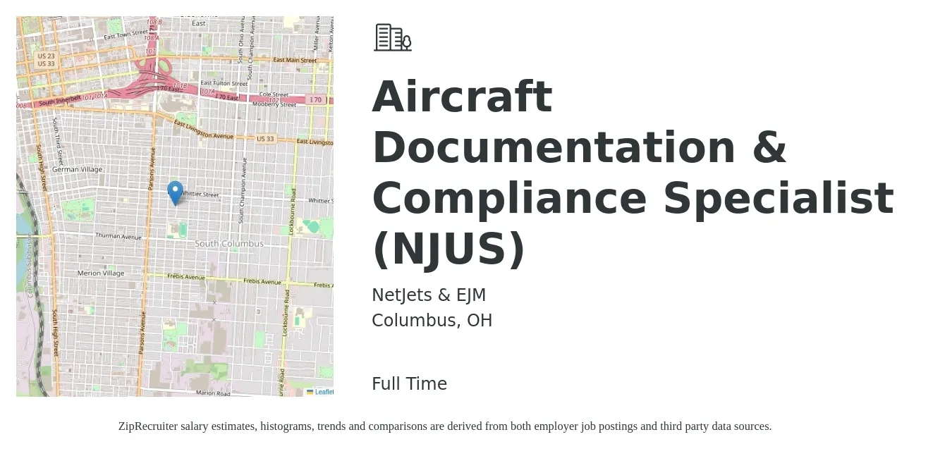 NetJets & EJM job posting for a Aircraft Documentation & Compliance Specialist (NJUS) in Columbus, OH with a salary of $45,600 to $73,700 Yearly with a map of Columbus location.