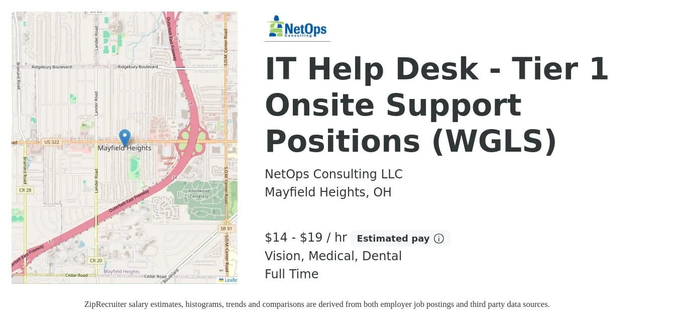 NetOps Consulting LLC job posting for a IT Help Desk - Tier 1 Onsite Support Positions (WGLS) in Mayfield Heights, OH with a salary of $15 to $20 Hourly and benefits including dental, life_insurance, medical, pto, retirement, and vision with a map of Mayfield Heights location.