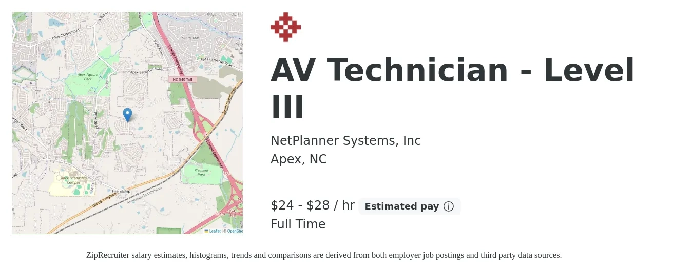 NetPlanner Systems, Inc job posting for a AV Technician - Level III in Apex, NC with a salary of $25 to $30 Hourly with a map of Apex location.