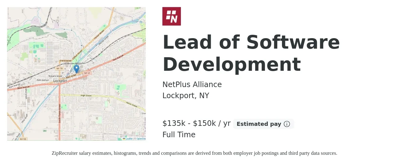 NetPlus Alliance job posting for a Lead of Software Development in Lockport, NY with a salary of $135,000 to $150,000 Yearly with a map of Lockport location.