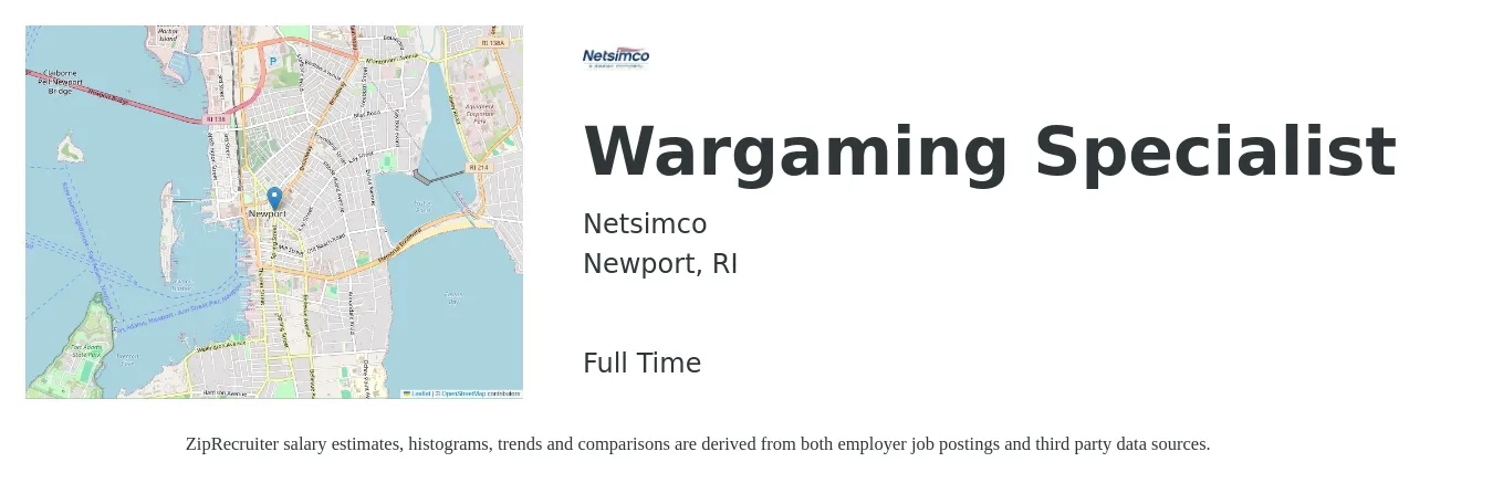 Netsimco job posting for a Wargaming Specialist in Newport, RI with a salary of $58,400 to $99,100 Yearly with a map of Newport location.