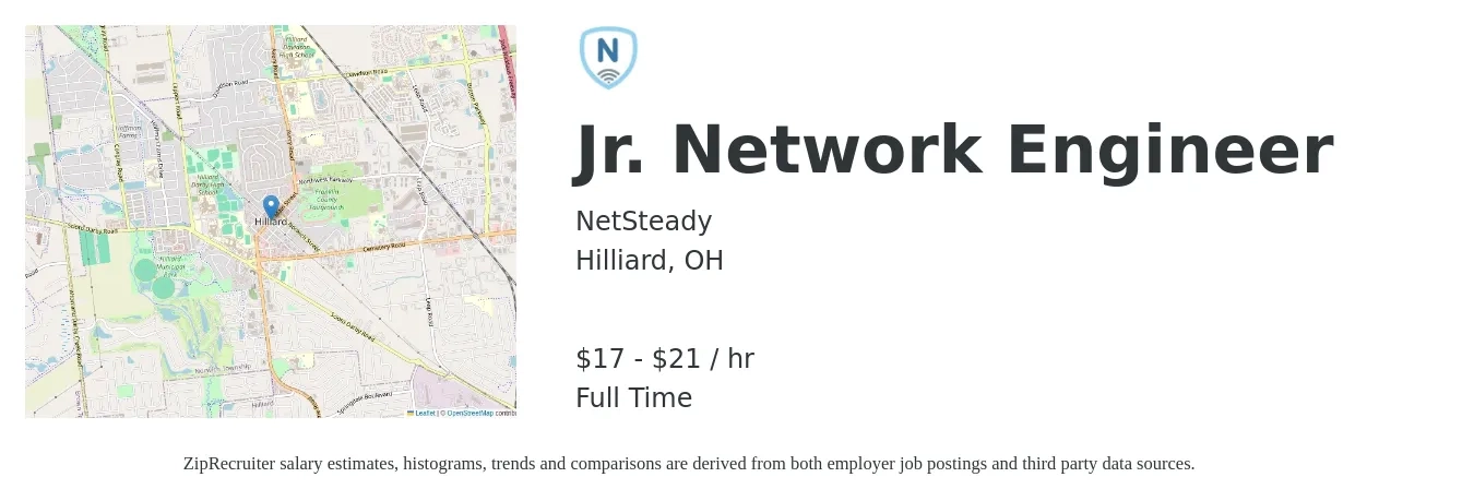 NetSteady job posting for a Jr. Network Engineer in Hilliard, OH with a salary of $15 to $20 Hourly with a map of Hilliard location.