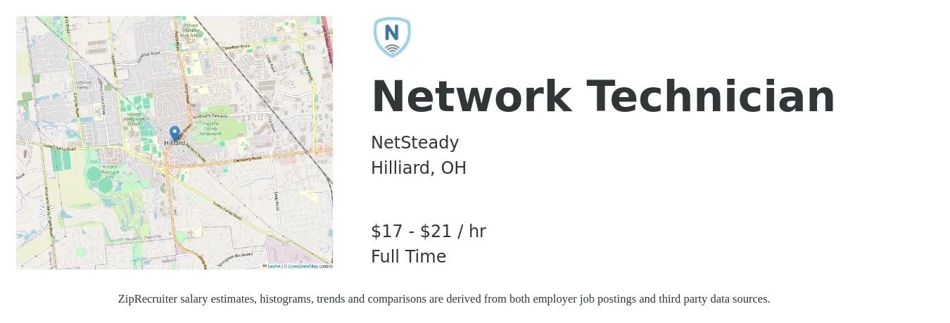 NetSteady job posting for a Network Technician in Hilliard, OH with a salary of $15 to $20 Hourly with a map of Hilliard location.