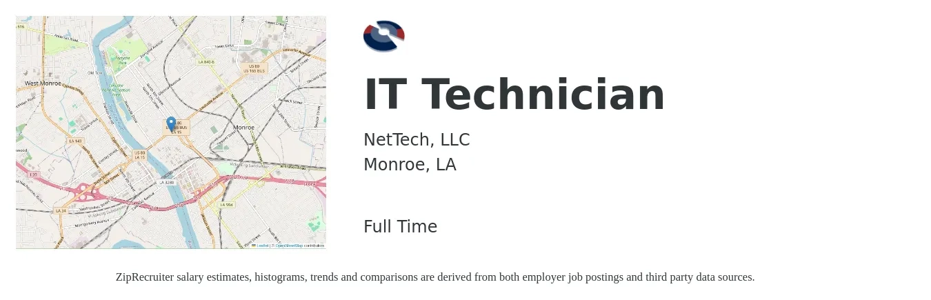 NetTech, LLC job posting for a IT Technician in Monroe, LA with a salary of $36,100 to $52,900 Yearly with a map of Monroe location.