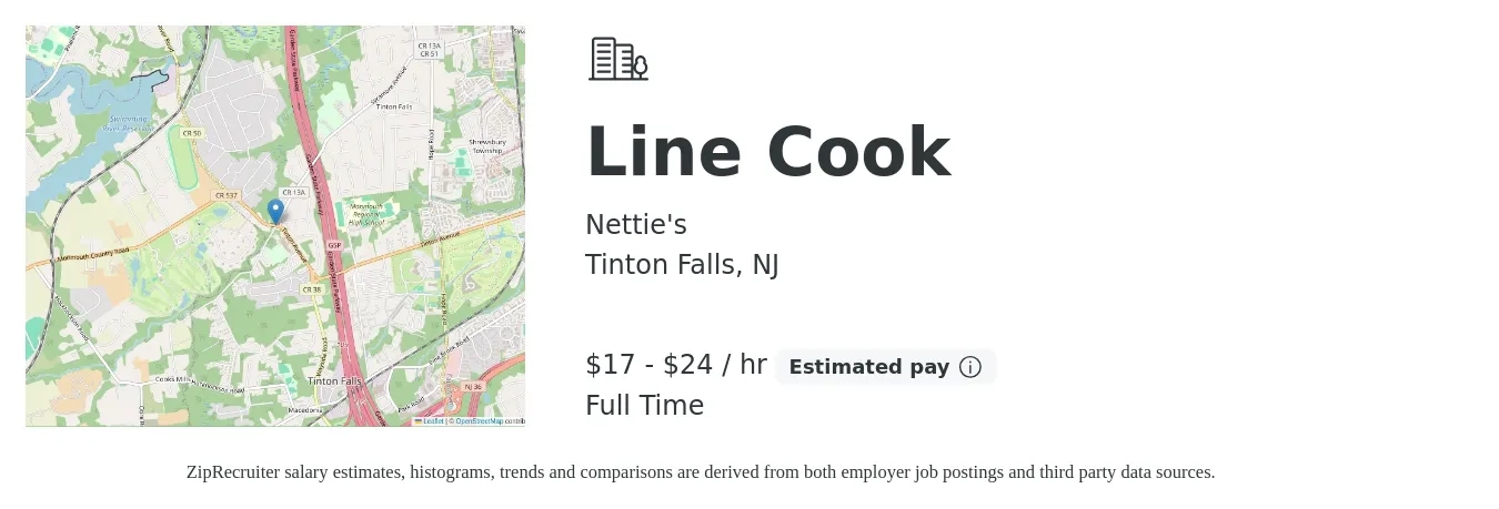 Nettie's job posting for a Line Cook in Tinton Falls, NJ with a salary of $18 to $25 Hourly with a map of Tinton Falls location.