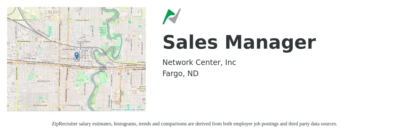 Network Center, Inc job posting for a Sales Manager in Fargo, ND with a salary of $44,200 to $94,700 Yearly with a map of Fargo location.