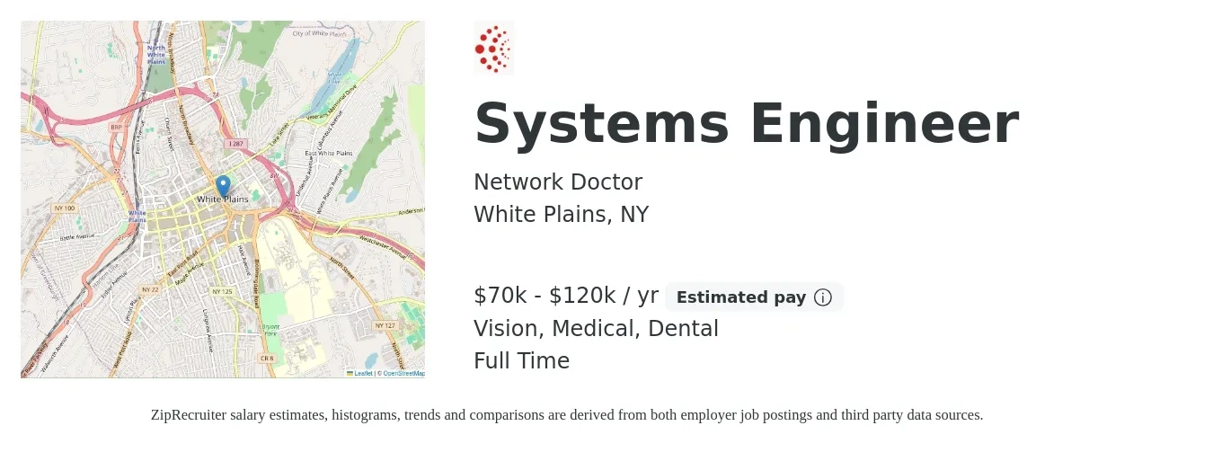 Network Doctor job posting for a Systems Engineer in White Plains, NY with a salary of $70,000 to $120,000 Yearly and benefits including dental, medical, pto, retirement, and vision with a map of White Plains location.
