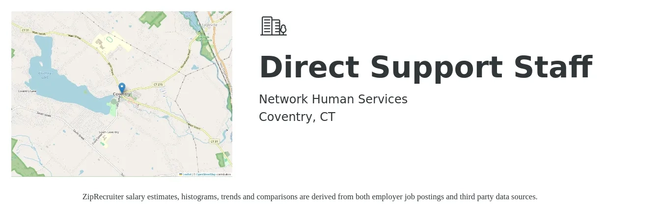 Network Human Services job posting for a Direct Support Staff in Coventry, CT with a salary of $15 to $18 Hourly with a map of Coventry location.
