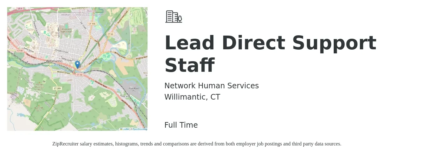 Network Human Services job posting for a Lead Direct Support Staff in Willimantic, CT with a salary of $14 to $17 Hourly with a map of Willimantic location.