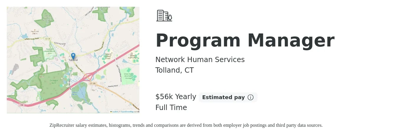 Network Human Services job posting for a Program Manager in Tolland, CT with a salary of $56,758 Yearly with a map of Tolland location.