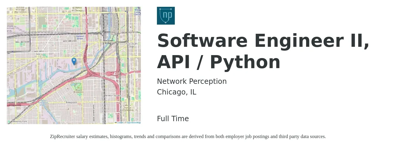 Network Perception job posting for a Software Engineer II, API / Python in Chicago, IL with a salary of $113,900 to $169,600 Yearly with a map of Chicago location.