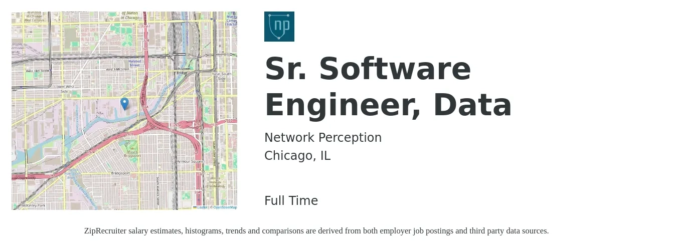 Network Perception job posting for a Sr. Software Engineer, Data in Chicago, IL with a salary of $126,300 to $166,500 Yearly with a map of Chicago location.