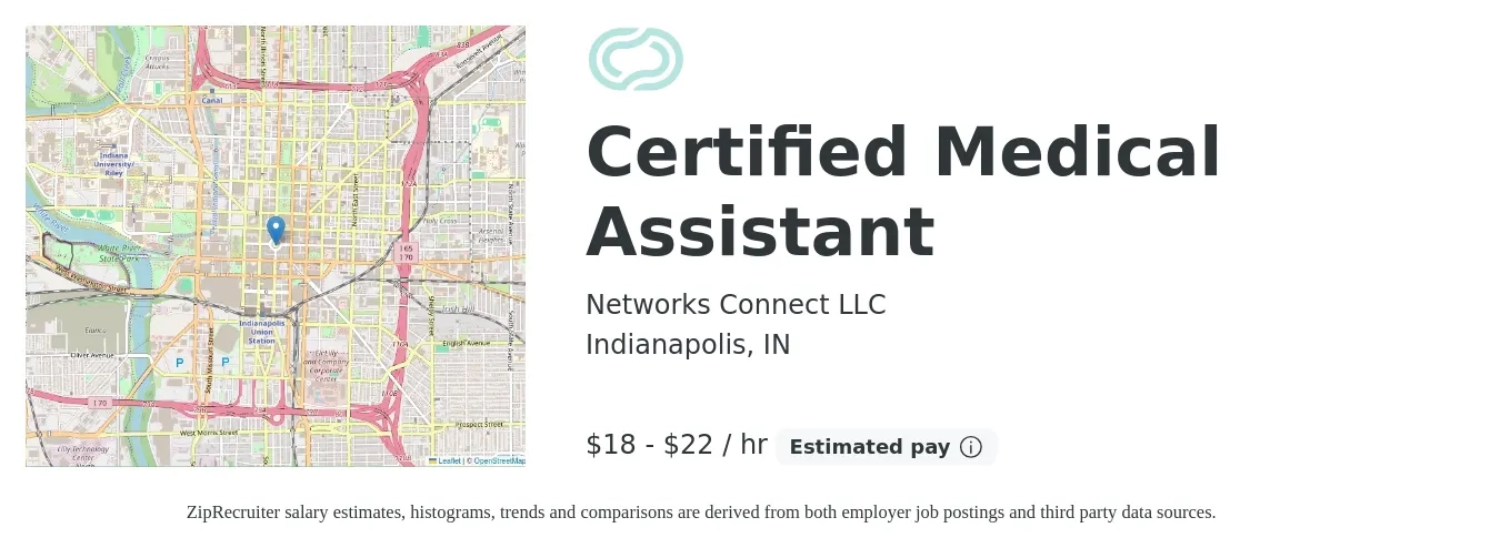 Networks Connect LLC job posting for a Certified Medical Assistant in Indianapolis, IN with a salary of $20 to $23 Hourly with a map of Indianapolis location.