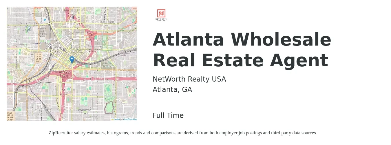 NetWorth Realty USA job posting for a Atlanta Wholesale Real Estate Agent in Atlanta, GA with a salary of $57,100 to $95,200 Yearly with a map of Atlanta location.