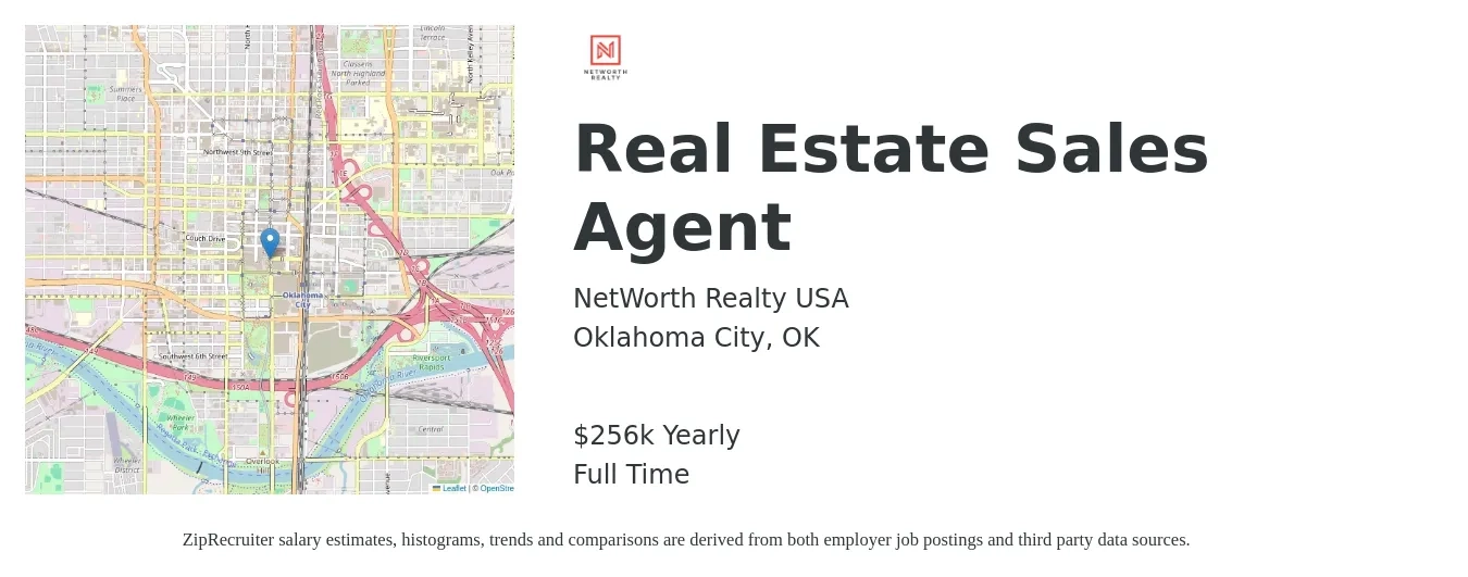 NetWorth Realty USA job posting for a Real Estate Sales Agent in Oklahoma City, OK with a salary of $256,000 Yearly with a map of Oklahoma City location.