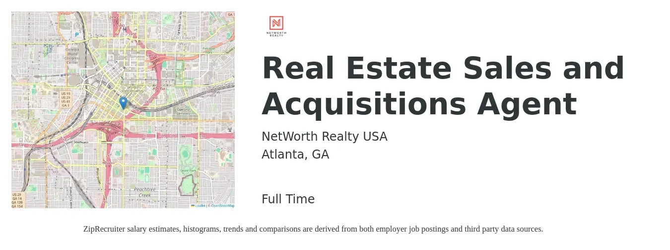 NetWorth Realty USA job posting for a Real Estate Sales and Acquisitions Agent in Atlanta, GA with a salary of $256,000 Yearly with a map of Atlanta location.