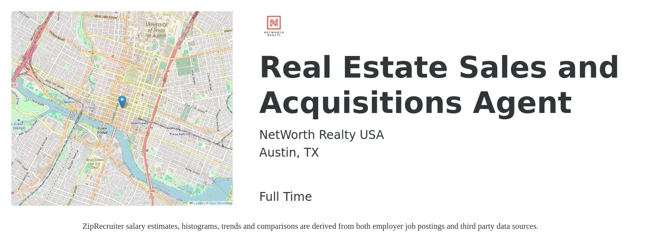 NetWorth Realty USA job posting for a Real Estate Sales and Acquisitions Agent in Austin, TX with a salary of $256,000 Yearly with a map of Austin location.
