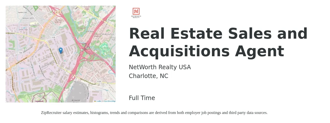 NetWorth Realty USA job posting for a Real Estate Sales and Acquisitions Agent in Charlotte, NC with a salary of $256,000 Yearly with a map of Charlotte location.