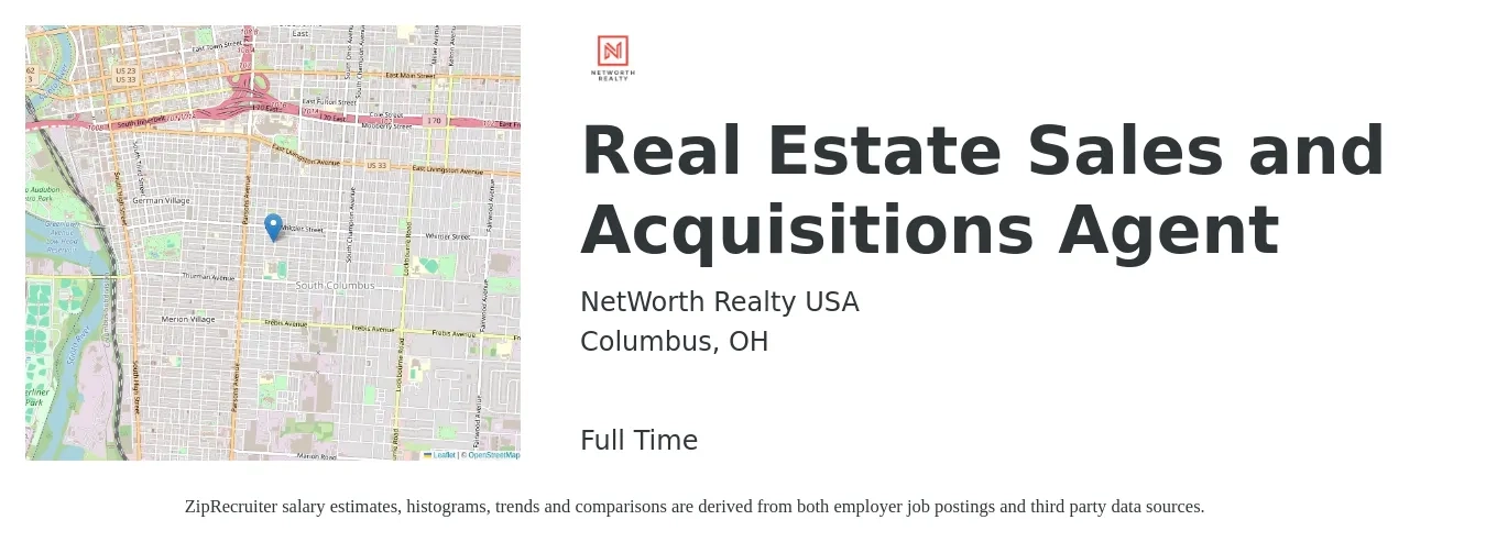 NetWorth Realty USA job posting for a Real Estate Sales and Acquisitions Agent in Columbus, OH with a salary of $256,000 Yearly with a map of Columbus location.