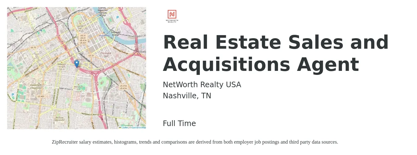NetWorth Realty USA job posting for a Real Estate Sales and Acquisitions Agent in Nashville, TN with a salary of $256,000 Yearly with a map of Nashville location.