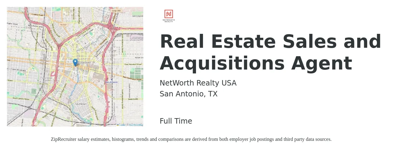 NetWorth Realty USA job posting for a Real Estate Sales and Acquisitions Agent in San Antonio, TX with a salary of $256,000 Yearly with a map of San Antonio location.