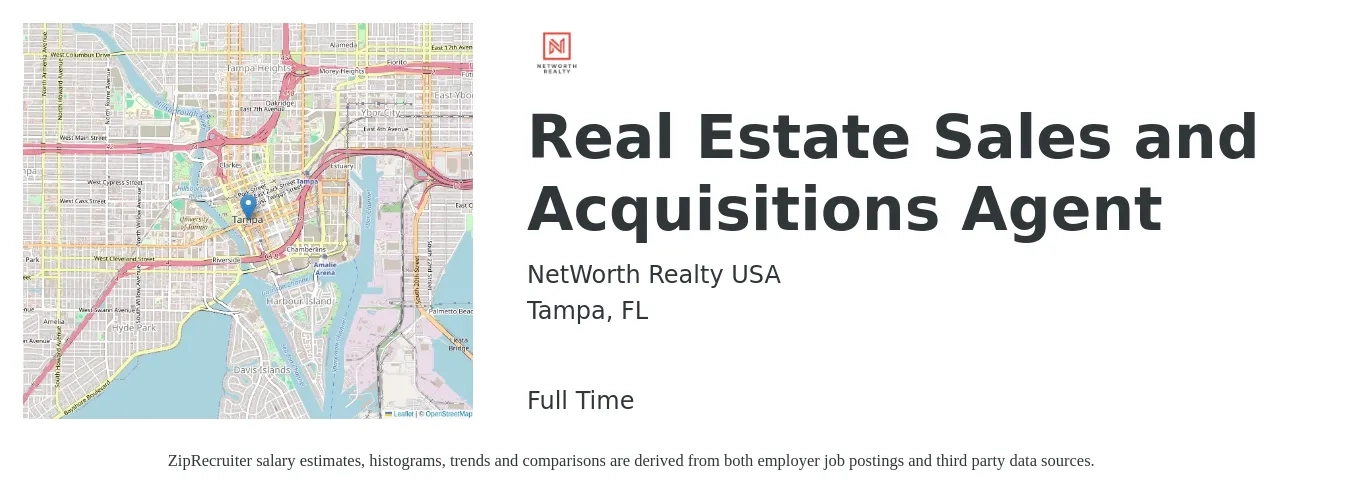 NetWorth Realty USA job posting for a Real Estate Sales and Acquisitions Agent in Tampa, FL with a salary of $256,000 Yearly with a map of Tampa location.