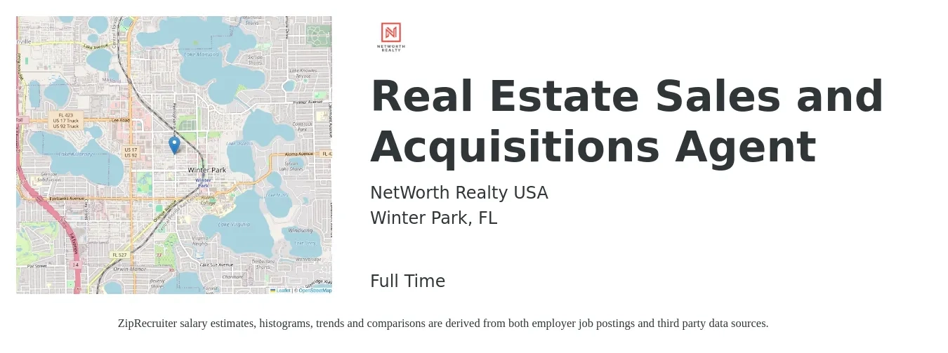 NetWorth Realty USA job posting for a Real Estate Sales and Acquisitions Agent in Winter Park, FL with a salary of $256,000 Yearly with a map of Winter Park location.