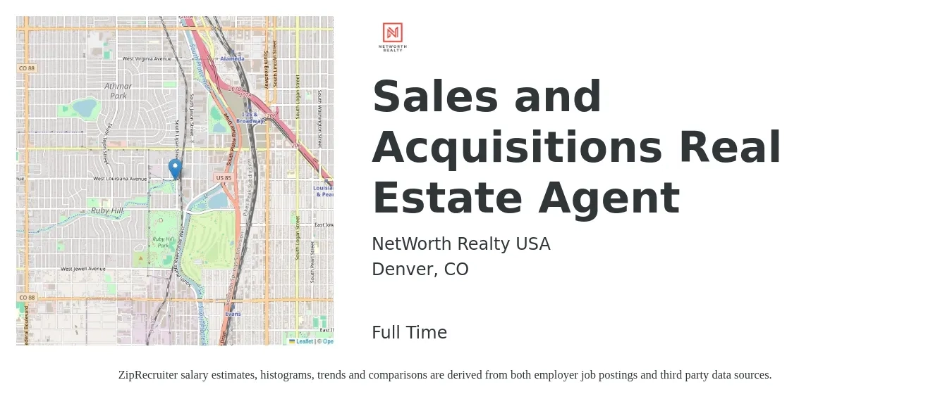 NetWorth Realty USA job posting for a Sales and Acquisitions Real Estate Agent in Denver, CO with a salary of $85,500 to $114,700 Yearly with a map of Denver location.