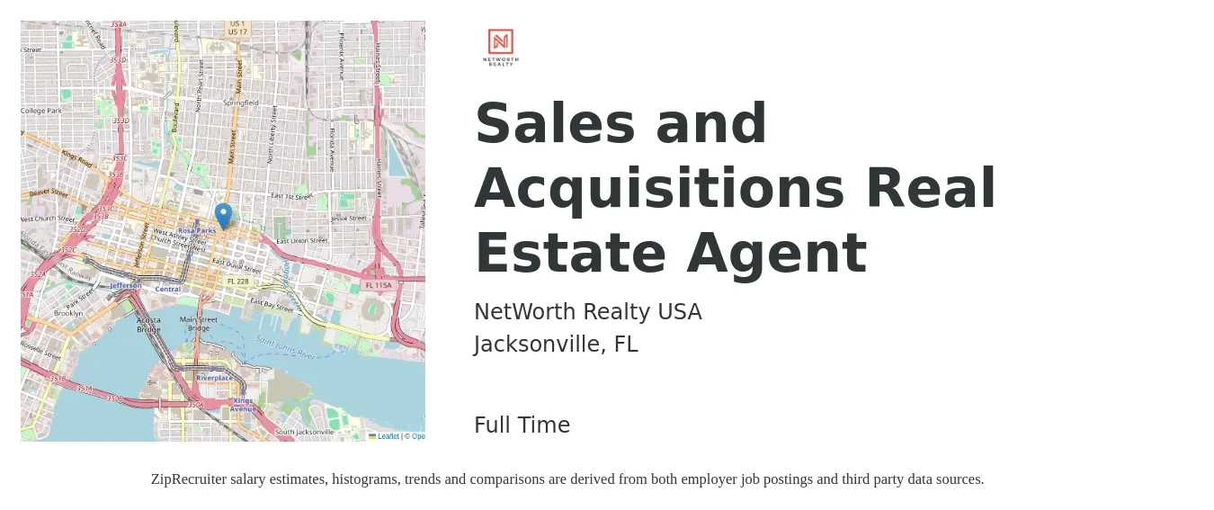 NetWorth Realty USA job posting for a Sales and Acquisitions Real Estate Agent in Jacksonville, FL with a salary of $74,700 to $100,100 Yearly with a map of Jacksonville location.