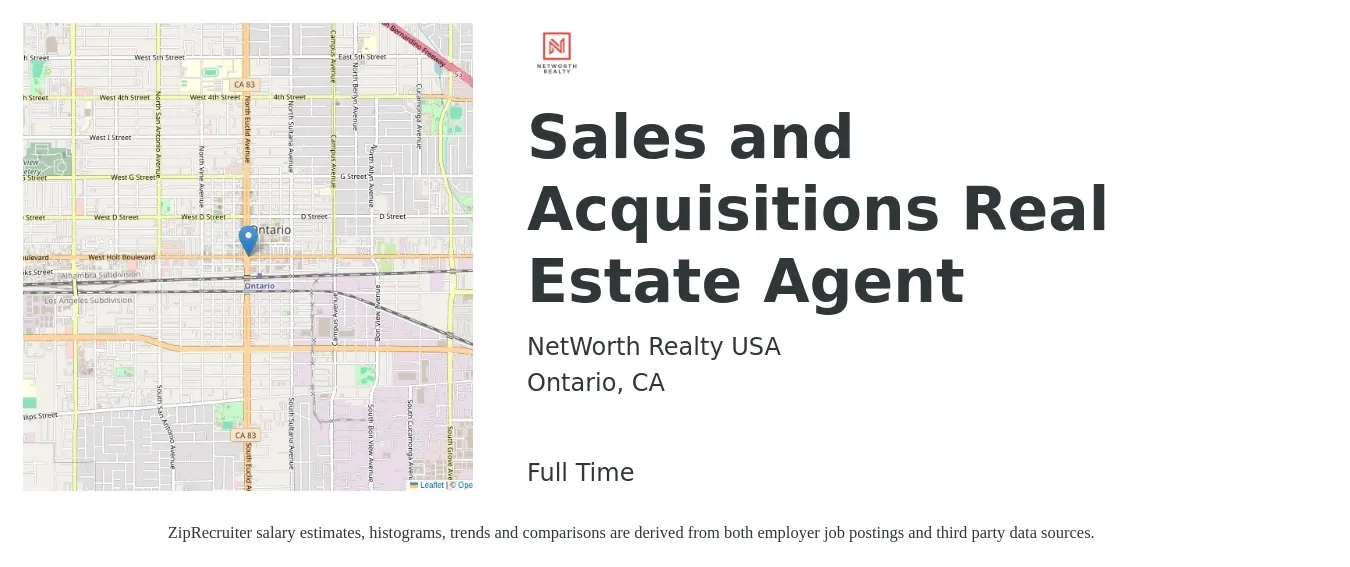 NetWorth Realty USA job posting for a Sales and Acquisitions Real Estate Agent in Ontario, CA with a salary of $83,400 to $111,900 Yearly with a map of Ontario location.
