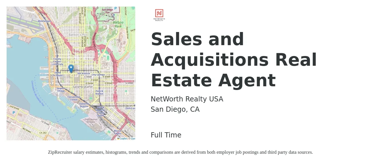 NetWorth Realty USA job posting for a Sales and Acquisitions Real Estate Agent in San Diego, CA with a salary of $88,000 to $118,000 Yearly with a map of San Diego location.
