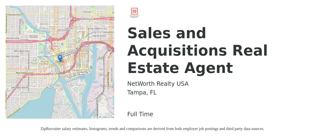 NetWorth Realty USA job posting for a Sales and Acquisitions Real Estate Agent in Tampa, FL with a salary of $76,700 to $102,900 Yearly with a map of Tampa location.