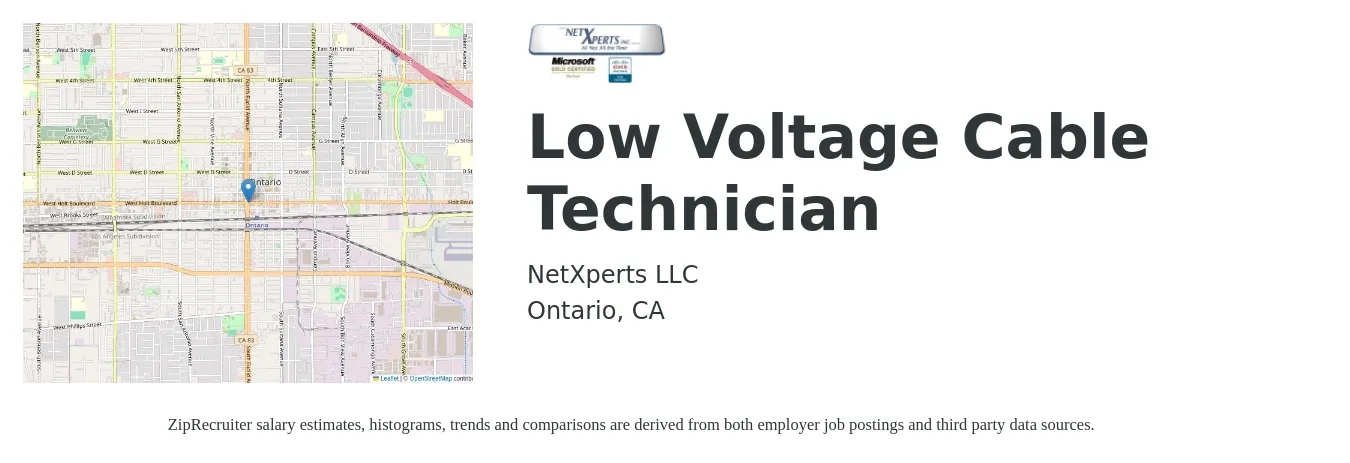 NetXperts LLC job posting for a Low Voltage Cable Technician in Ontario, CA with a salary of $21 to $29 Hourly with a map of Ontario location.