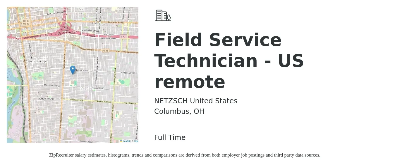 NETZSCH United States job posting for a Field Service Technician - US remote in Columbus, OH with a salary of $19 to $29 Hourly with a map of Columbus location.