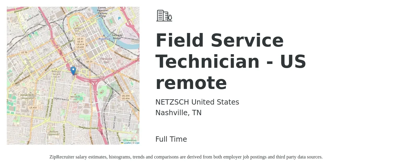 NETZSCH United States job posting for a Field Service Technician - US remote in Nashville, TN with a salary of $19 to $29 Hourly with a map of Nashville location.