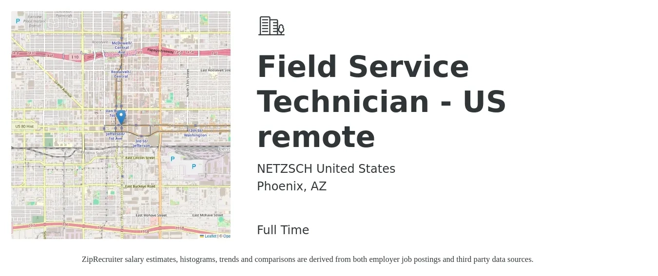 NETZSCH United States job posting for a Field Service Technician - US remote in Phoenix, AZ with a salary of $20 to $30 Hourly with a map of Phoenix location.