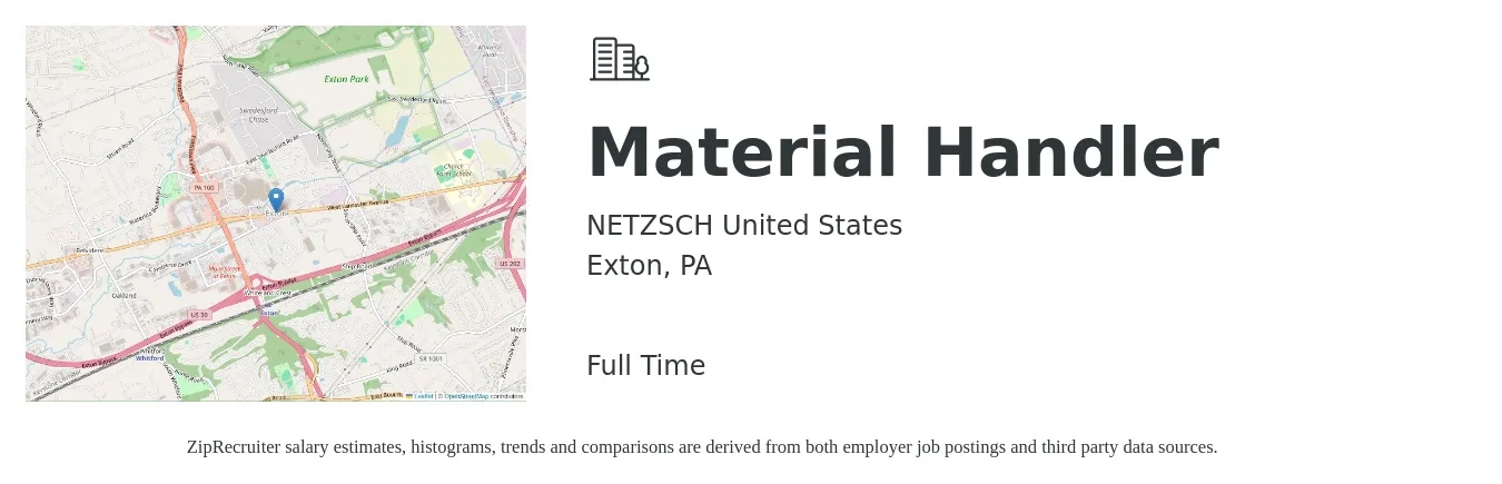 NETZSCH United States job posting for a Material Handler in Exton, PA with a salary of $16 to $20 Hourly with a map of Exton location.