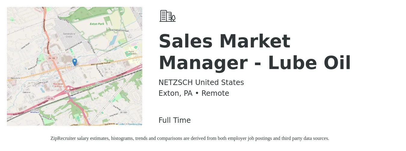 NETZSCH United States job posting for a Sales Market Manager - Lube Oil in Exton, PA with a salary of $780 to $900 Weekly with a map of Exton location.