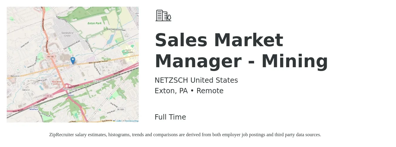 NETZSCH United States job posting for a Sales Market Manager - Mining in Exton, PA with a salary of $41,500 to $106,200 Yearly with a map of Exton location.