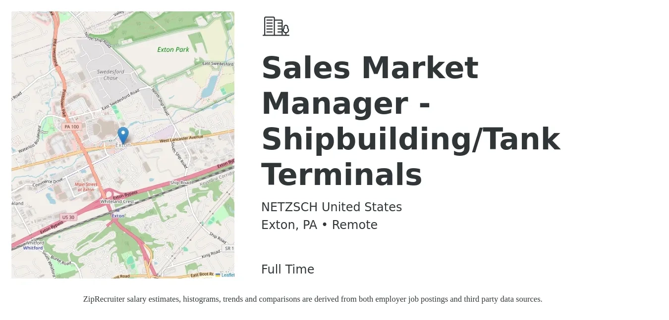 NETZSCH United States job posting for a Sales Market Manager - Shipbuilding/Tank Terminals in Exton, PA with a salary of $41,500 to $106,200 Yearly with a map of Exton location.