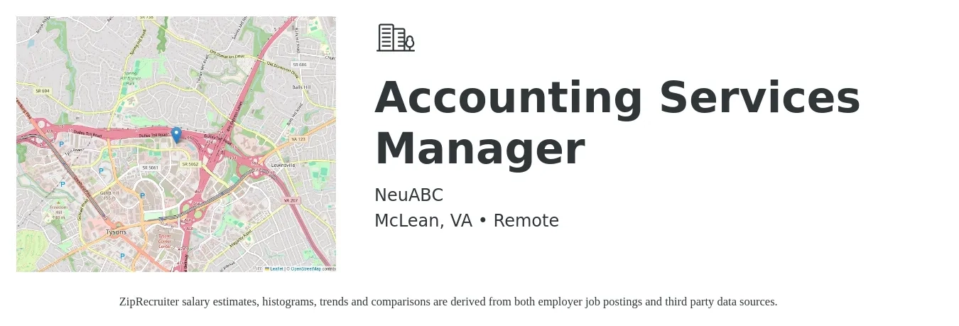 Neuabc job posting for a Accounting Services Manager in McLean, VA with a salary of $80,000 to $114,900 Yearly with a map of McLean location.
