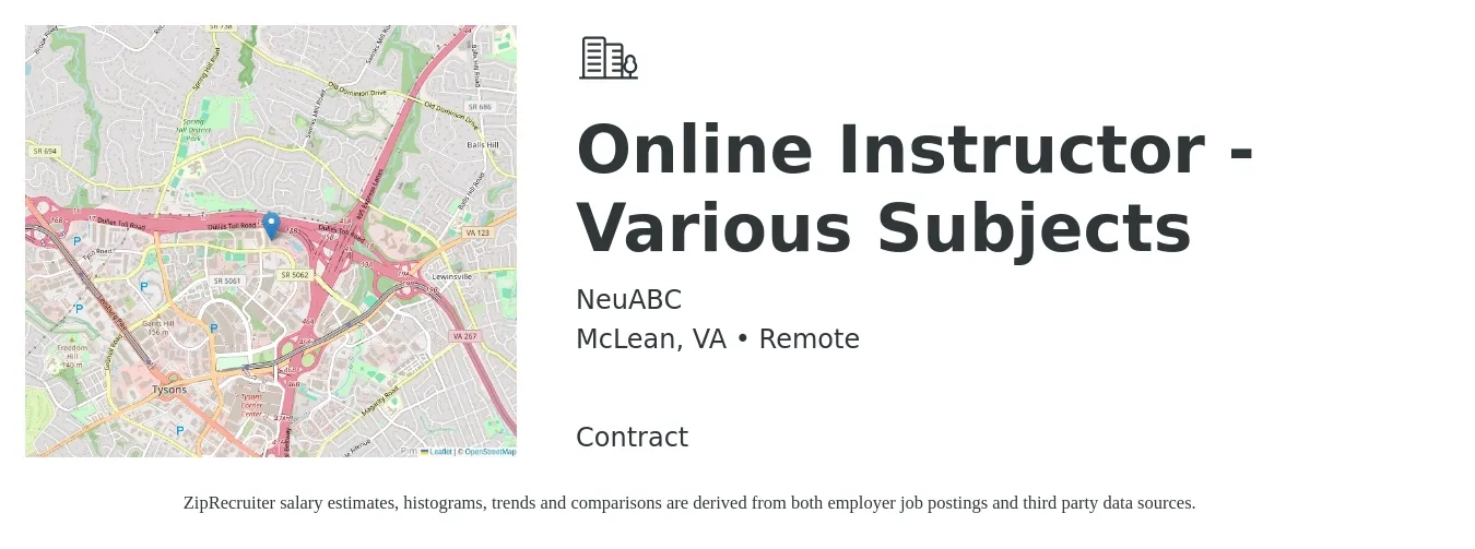 NeuABC job posting for a Online Instructor - Various Subjects in McLean, VA with a salary of $18 Hourly with a map of McLean location.