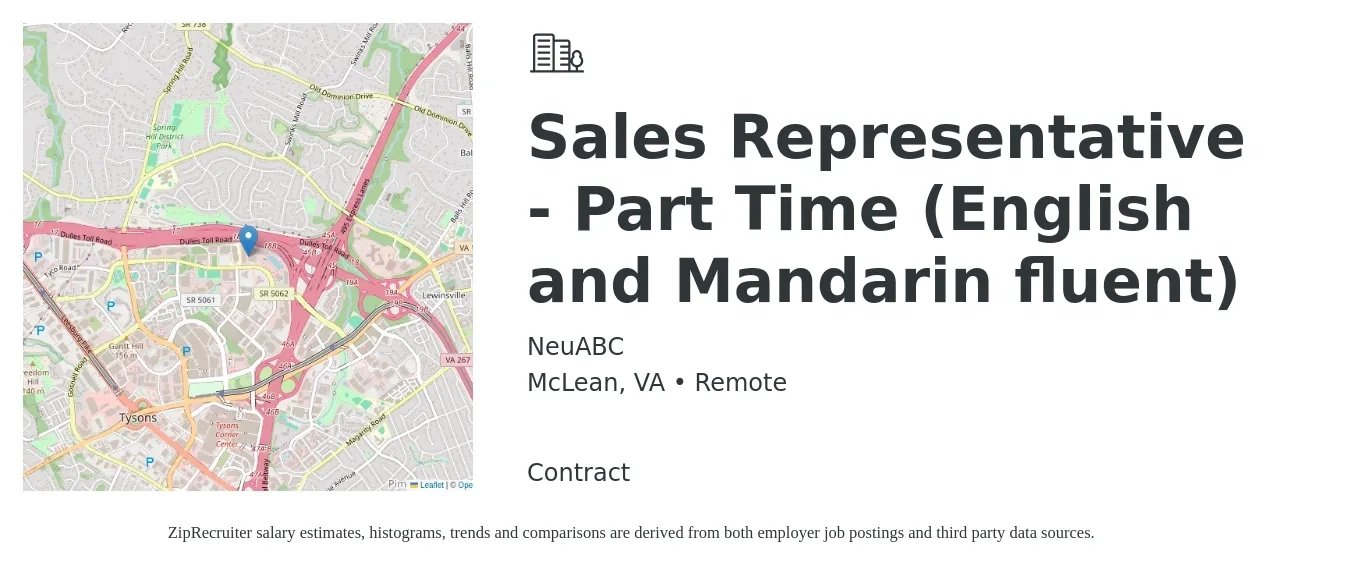 NeuABC job posting for a Sales Representative - Part Time (English and Mandarin fluent) in McLean, VA with a salary of $20 Hourly with a map of McLean location.