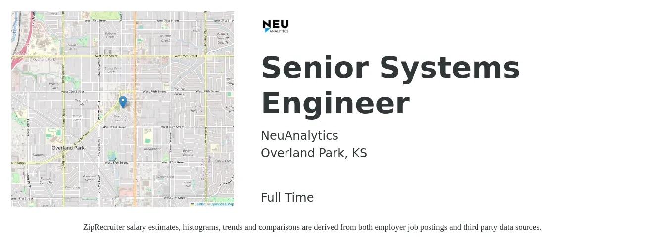 NeuAnalytics job posting for a Senior Systems Engineer in Overland Park, KS with a salary of $103,100 to $141,100 Yearly with a map of Overland Park location.