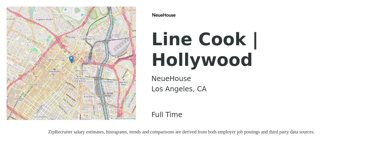 NeueHouse job posting for a Line Cook | Hollywood in Los Angeles, CA with a salary of $19 to $21 Hourly with a map of Los Angeles location.