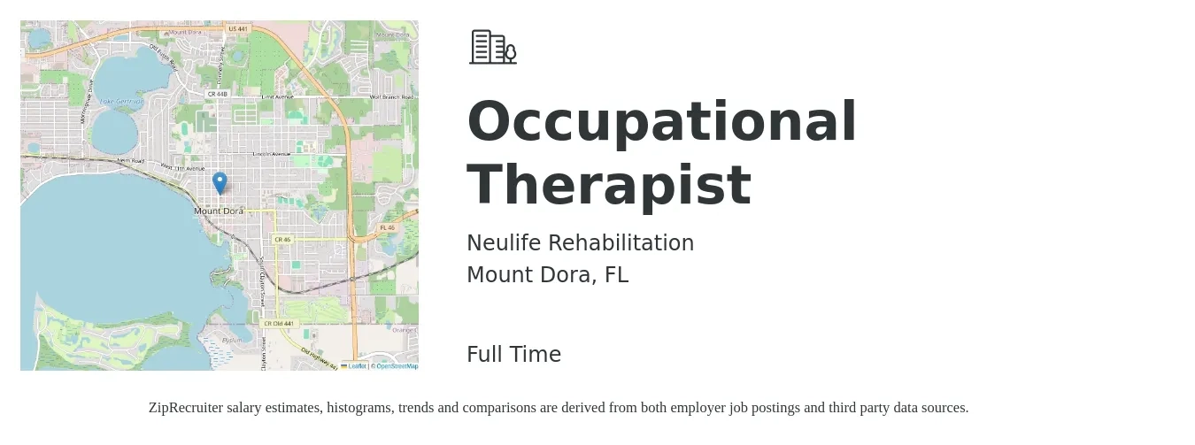 Neulife Rehabilitation job posting for a Occupational Therapist in Mount Dora, FL with a salary of $36 to $47 Hourly with a map of Mount Dora location.