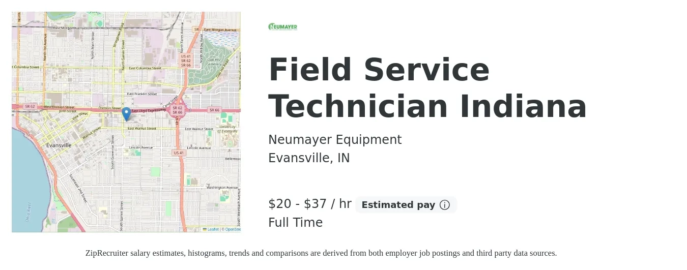 Neumayer Equipment job posting for a Field Service Technician Indiana in Evansville, IN with a salary of $21 to $39 Hourly with a map of Evansville location.
