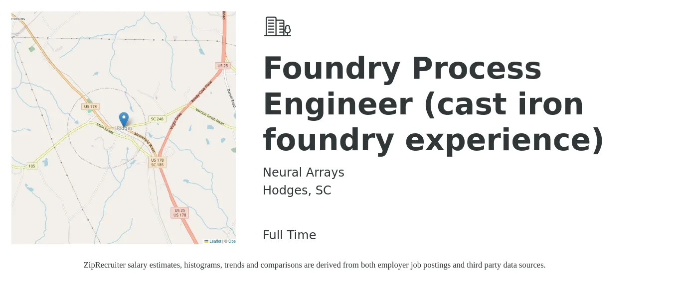 Neural Arrays job posting for a Foundry Process Engineer (cast iron foundry experience) in Hodges, SC with a salary of $66,600 to $74,400 Yearly with a map of Hodges location.