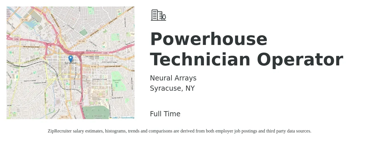 Neural Arrays job posting for a Powerhouse Technician Operator in Syracuse, NY with a salary of $18 to $24 Hourly with a map of Syracuse location.
