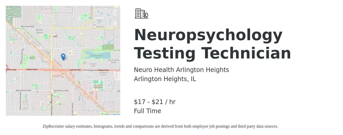 Neuro Health Arlington Heights job posting for a Neuropsychology Testing Technician in Arlington Heights, IL with a salary of $18 to $22 Hourly with a map of Arlington Heights location.